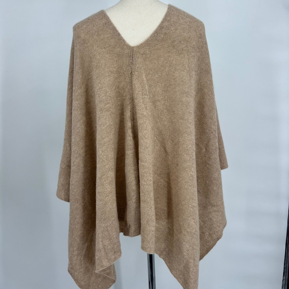 Minnie Rose 100% Cashmere Knit Ruana Poncho Wrap Beige Tan One Size O/S
